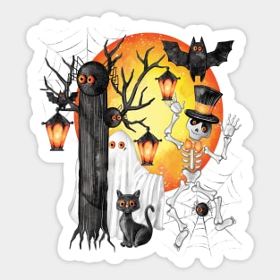 Eerie Halloween Gathering: Skeletons, Ghosts, Bats, Cats, and Crows Sticker